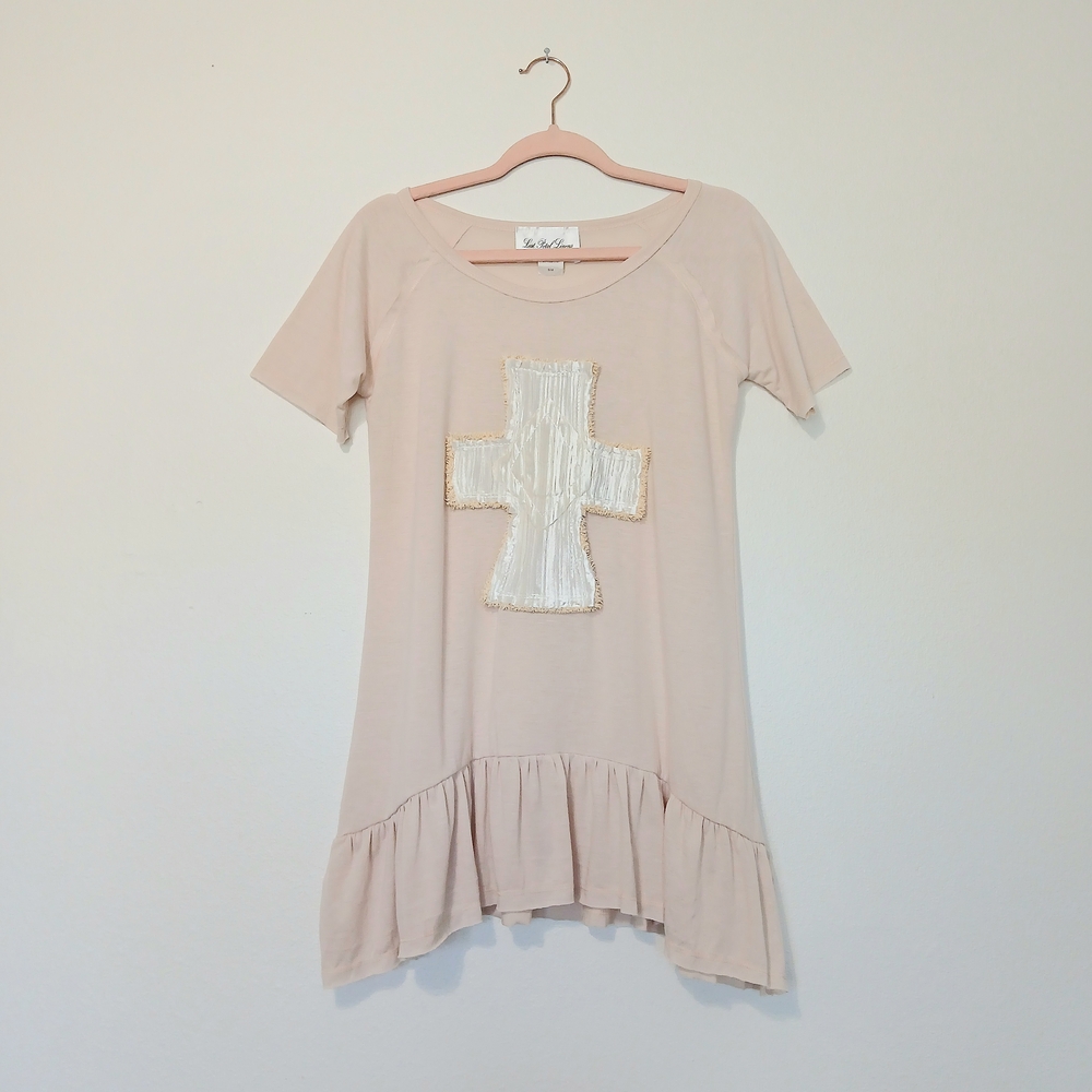 Lost Petal Linens Pink Cross Legging Top with Ruffle Hem